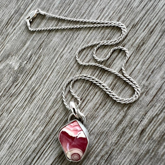 Rhodochrosite Pendant on Rope Chain.